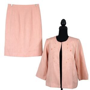 Alfred Dunner Salmon Light Pink Skirt Suit Set Embroidered Beaded 8 Petite